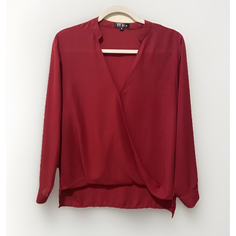 Dohia Women's Deep Red Long Sleeve Drape Front Holiday Blouse Top Size Small
